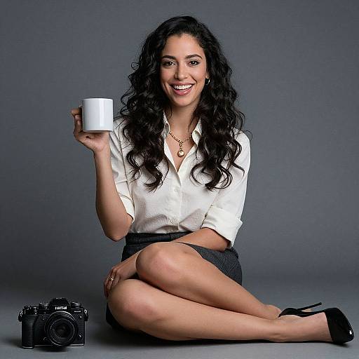 Photograph of a smiling Latina woman with long curly black hair, white blouse, black skirt, and heels, holding a white mug, sitting on the