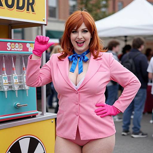 Photograph of a smiling, red-haired woman in a pink blazer, blue bowtie, pink gloves, and matching panties, standing by a carnival