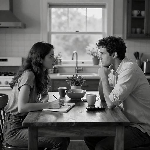 Intense Conversation in a Rustic Kitchen