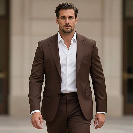 Photograph of a handsome, serious-looking man with dark hair and beard, wearing a brown suit, white shirt, walking confidently in front of a blurred