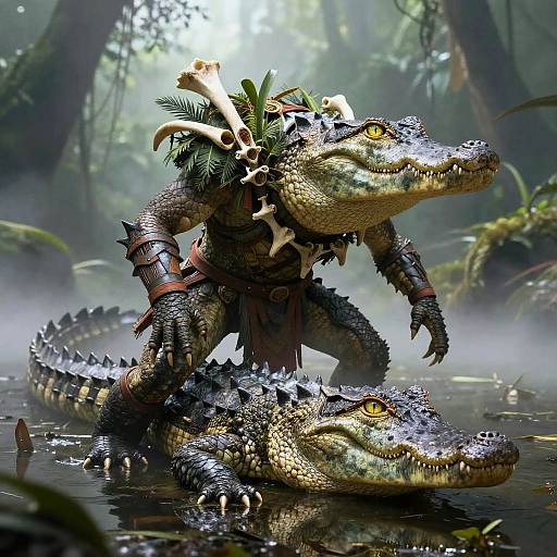 Humanoid Crocodile Warrior in Misty Swamp
