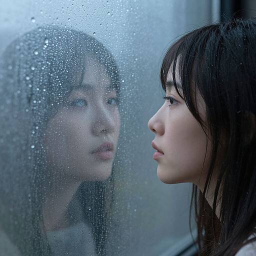 Photograph of an Asian woman with long black hair, pensive expression, gazing at her reflection in a foggy, rain-streaked window