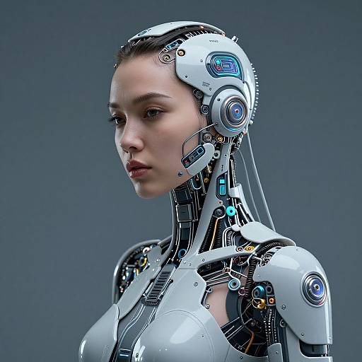 Photorealistic CGI of a young woman with cybernetic enhancements, featuring white and blue robotic headgear, against a grey background.