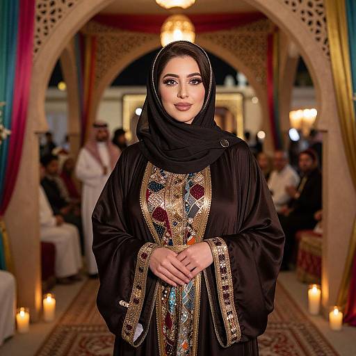 Photograph of a beautiful Middle Eastern woman in a black hijab and ornate black robe, standing in a warmly lit, candle-lit archway