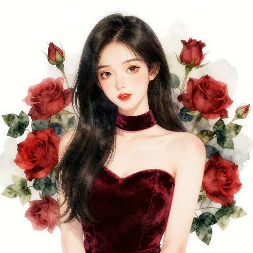 Elegant Woman in Velvet Gown with Roses