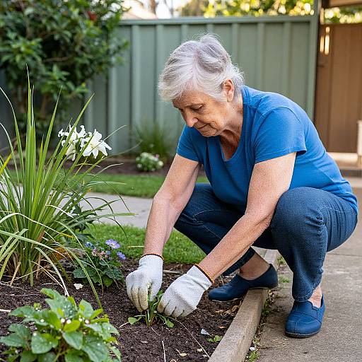 Photograph of an elderly woman with white hair, wearing a blue shirt and gloves, squatting in a garden, tending to plants. Background includes