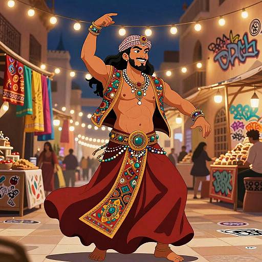 Vibrant digital illustration of a bearded, muscular man dancing in a nighttime market, wearing ornate, colorful traditional attire with lights and graffiti in