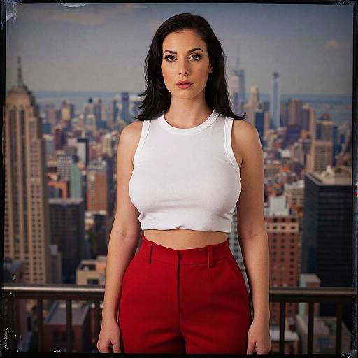 Photograph of a fair-skinned woman with black hair, wearing a white crop top and red high-waisted pants, standing on a balcony with