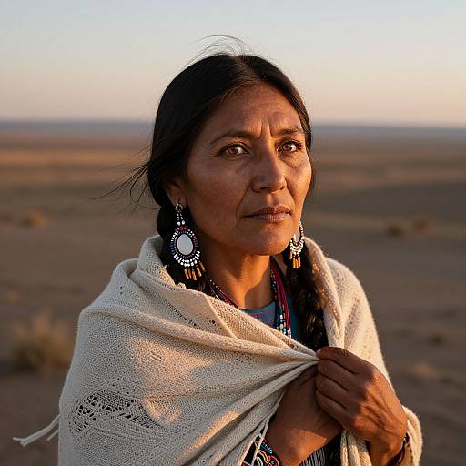 Photograph of a Native American woman with dark hair, wearing large silver earrings, a white shawl, and traditional clothing, standing in a desert at