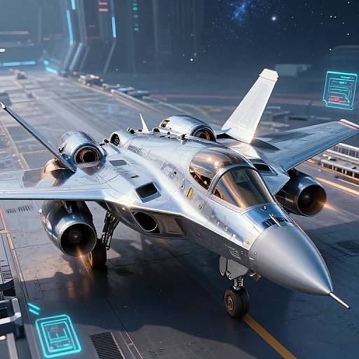 CGI image of a silver, futuristic, dual-engine fighter jet on a neon-lit, space-age runway with glowing blue and red lights.