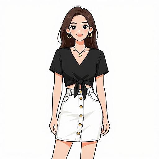 Digital illustration of a young woman with long brown hair, black tied-knit top, white button-up skirt, gold hoop earrings, and necklace, smiling