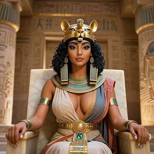 Digital artwork of a dark-skinned, curly-haired Egyptian queen with large breasts, wearing a golden Anubis headdress, ornate jewelry, and
