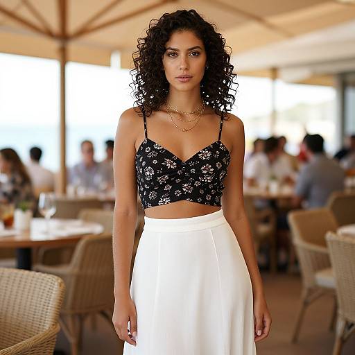 Stylish Woman at Sunny Outdoor Restaurant