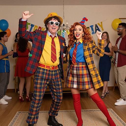 Photograph of a clown couple in colorful plaid outfits, red knee-high socks, and hats, dancing joyfully at a festive party.