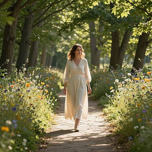 Photograph of a woman with curly brown hair in a flowing white dress walking through a sunlit, flower-filled garden path.