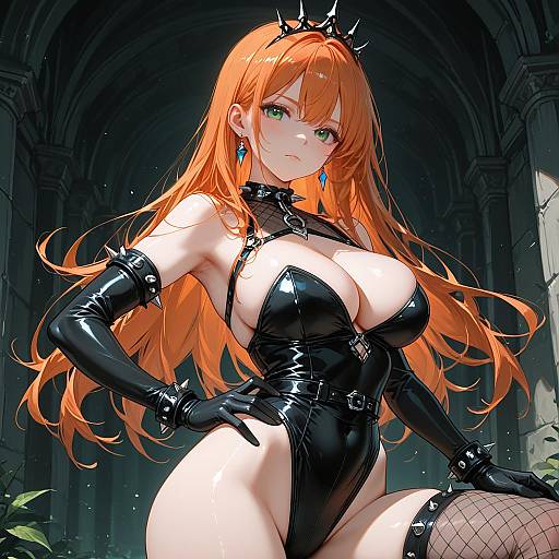 Anime Woman in Black Spiked Leotard