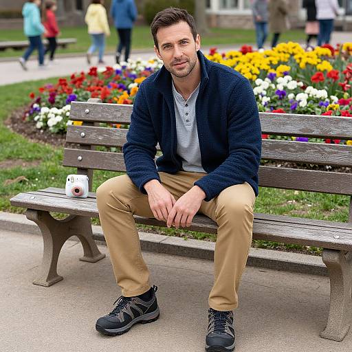 Photograph of a smiling man with short brown hair, wearing a navy cardigan, beige pants, and black shoes, sitting on a wooden bench in