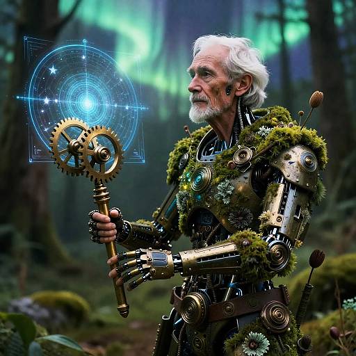 Elderly Cyborg Cartographer in Auroral Forest