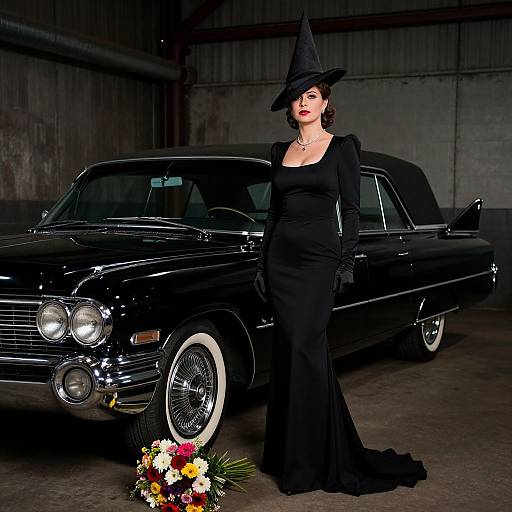 Photograph of a stylish woman in a black witch hat and evening gown, standing beside a classic black limousine with white-walled tires, holding
