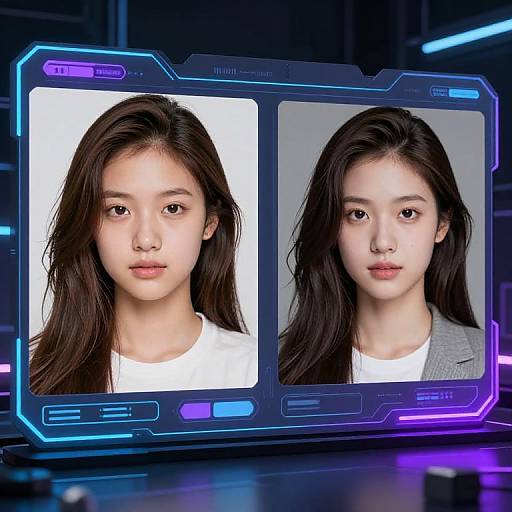 Digital CGI image of two identical East Asian women with long black hair, neutral expressions, white shirts, and gray blazers, displayed side-by-side on