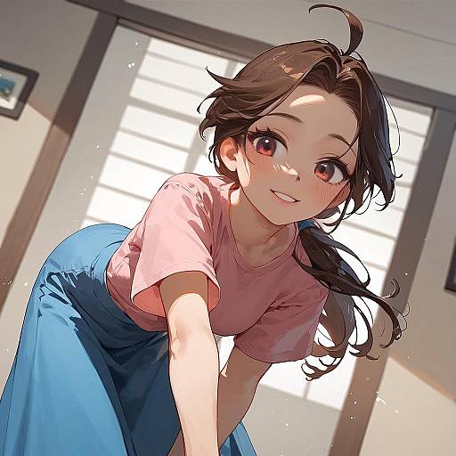 Anime Girl in Pink Shirt Indoors