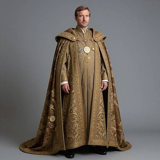 Photograph of a middle-aged man in an ornate, gold-embroidered religious robe with a large, circular medallion, standing against