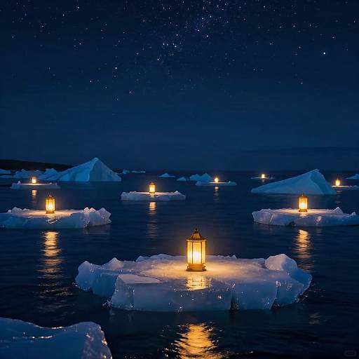 Photograph of a nighttime Arctic scene with floating icebergs illuminated by glowing lanterns, reflecting in dark, starry waters.