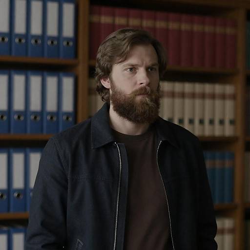 Bearded Man in Dimly Lit Library