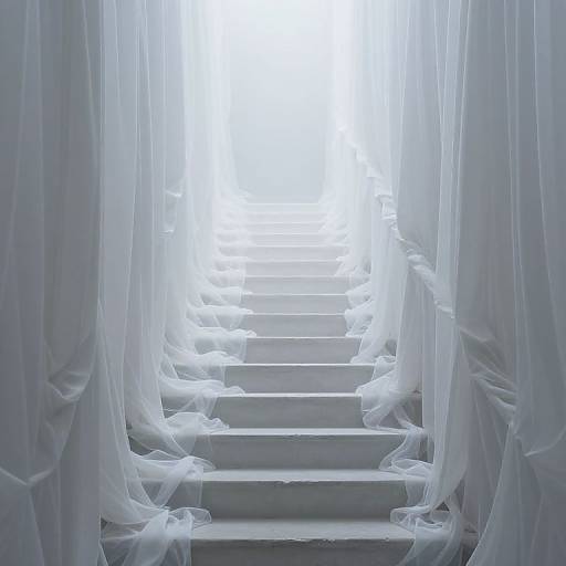 Photograph of a white window with sheer, flowing white curtains, creating a soft, ethereal atmosphere and diffused bright light.