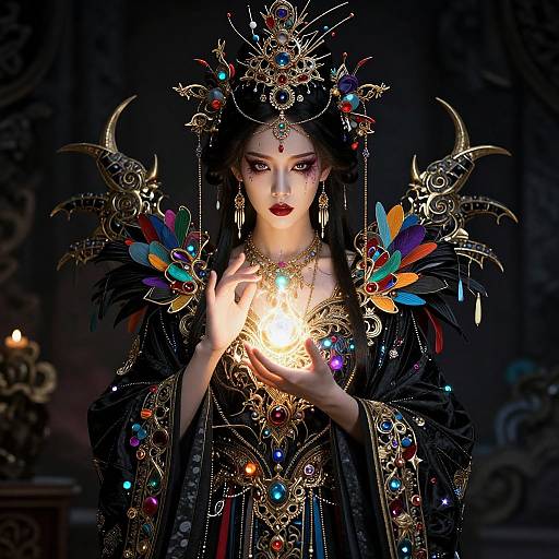 Digital artwork of an ethereal woman with dark hair, wearing an ornate black robe, holding a glowing orb, adorned with vibrant feathers, gold jewelry