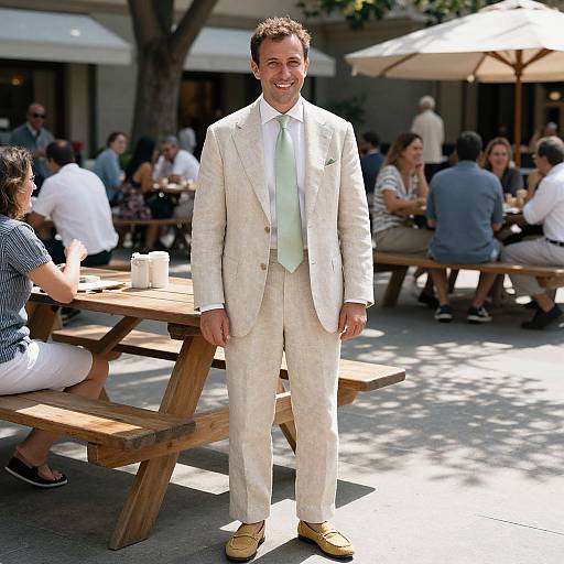 Photograph of a smiling man in a light beige suit, green tie, and yellow shoes, standing outdoors at a wooden picnic table with people dining in