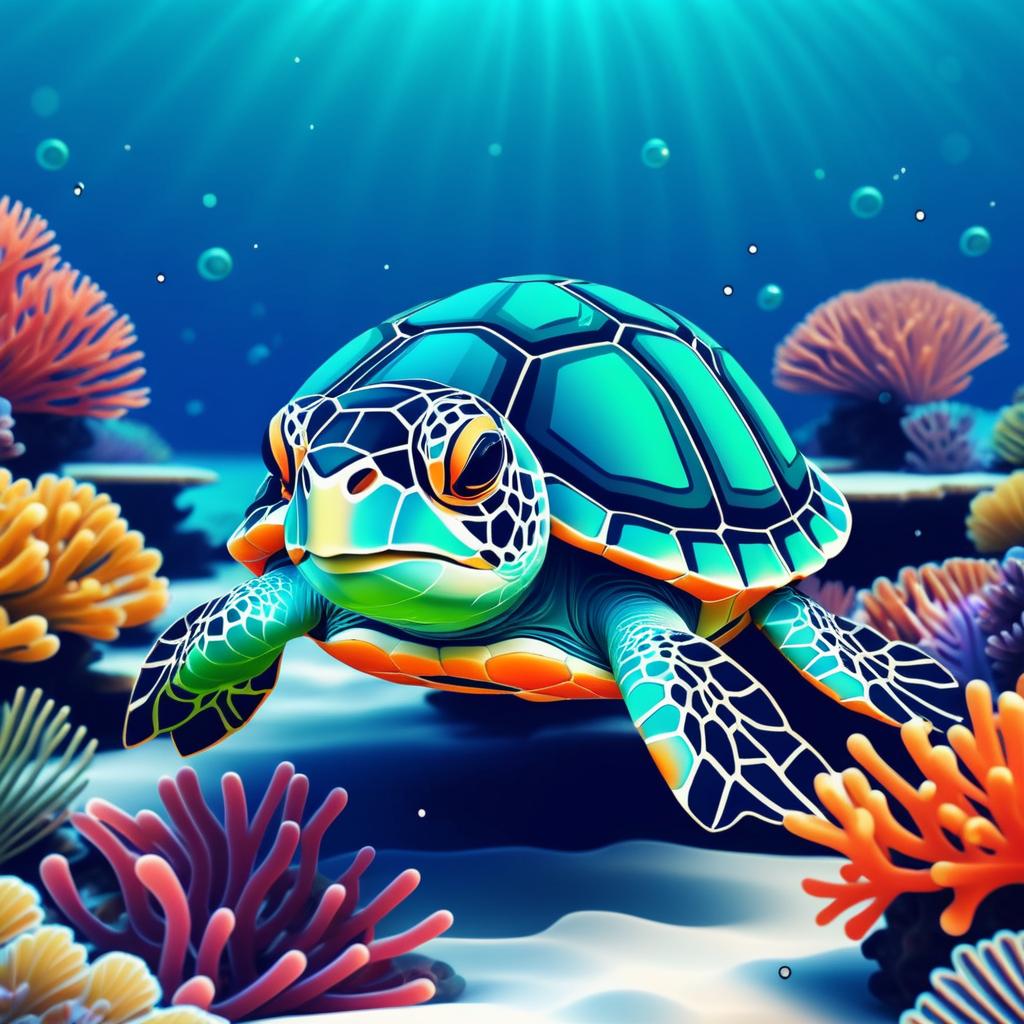 Adorable Chibi Turtle with Coral Reef