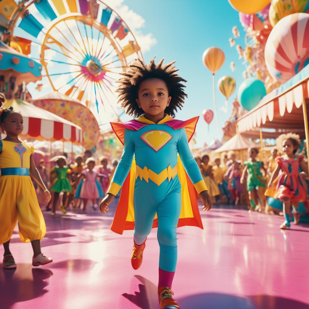 Whimsical Superhero at a Colorful Carnival