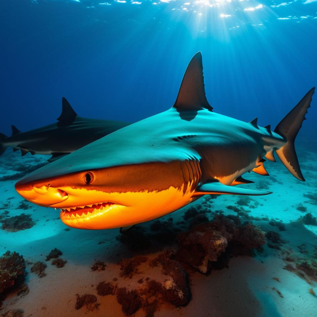 Glowing Orange Ragged-Tooth Shark in Water