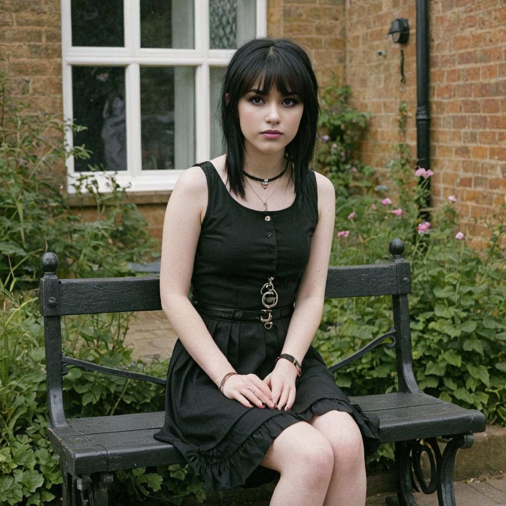 Contemplative Emo Goth Woman on Bench