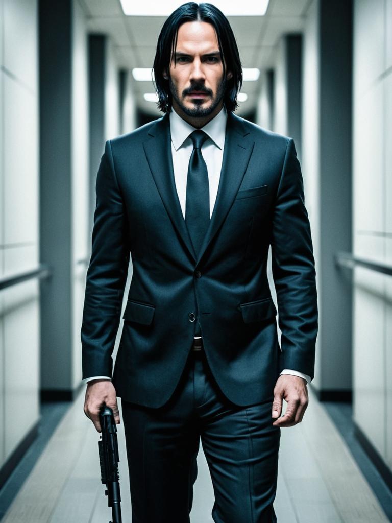 Man in Black Suit with Firearm in Modern Corridor