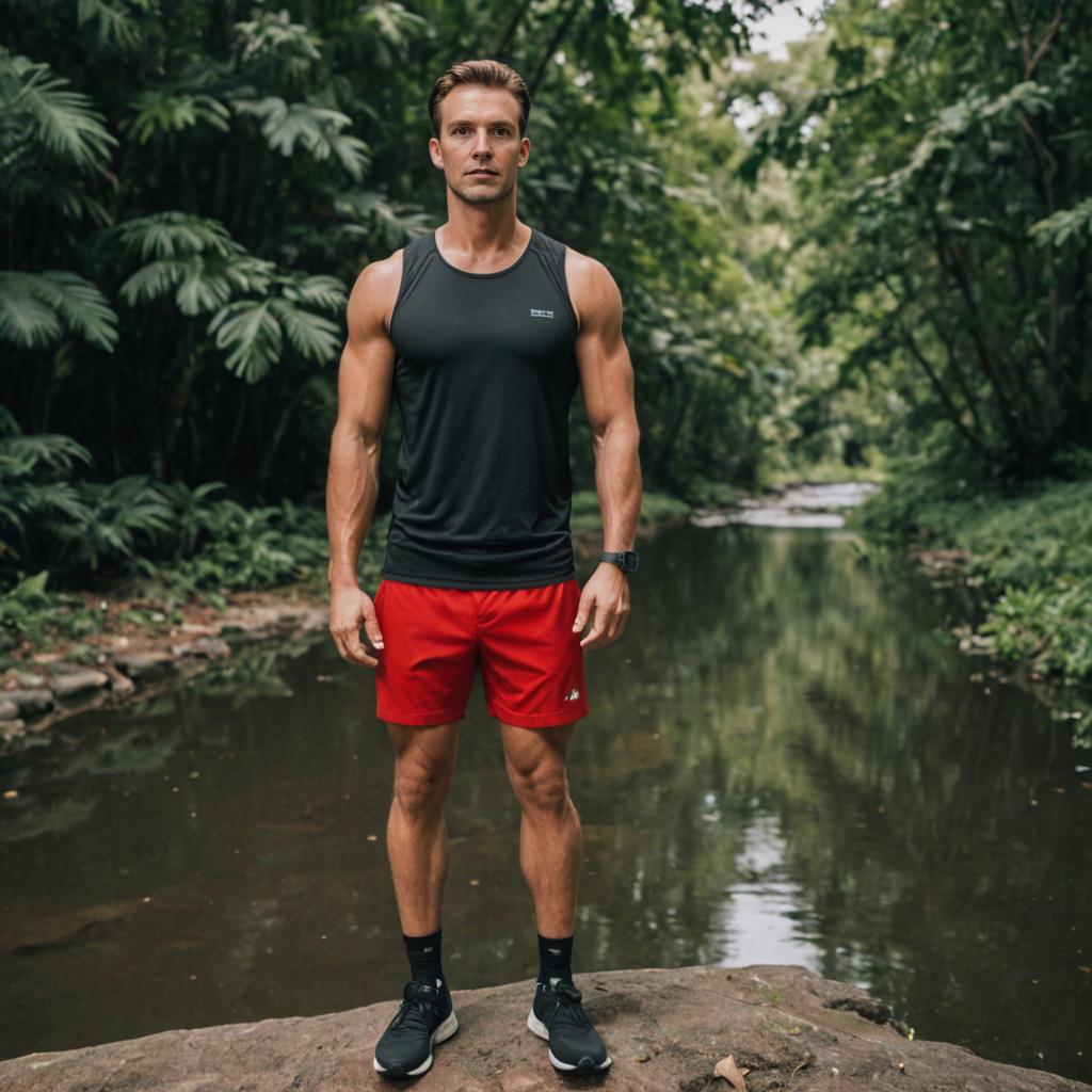 Athletic Man on Rock in Lush Forest