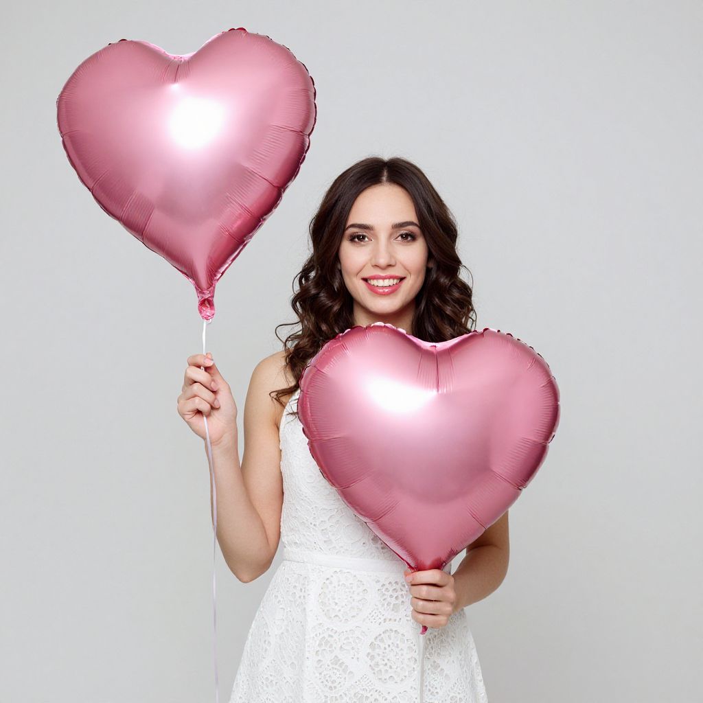 Woman Holding Pink Heart Balloons in White Dress