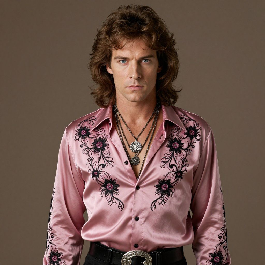 Retro 1970s Style Man in Pink Satin Embroidered Shirt