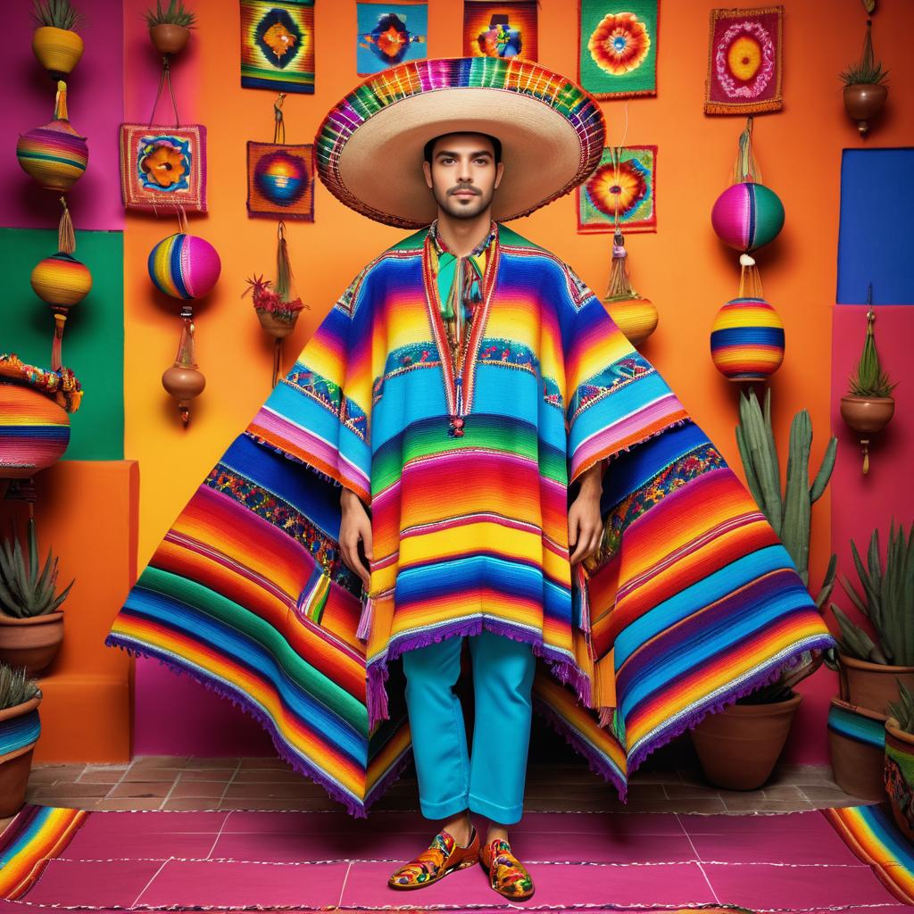 Vibrant Mexican Man in Poncho and Sombrero