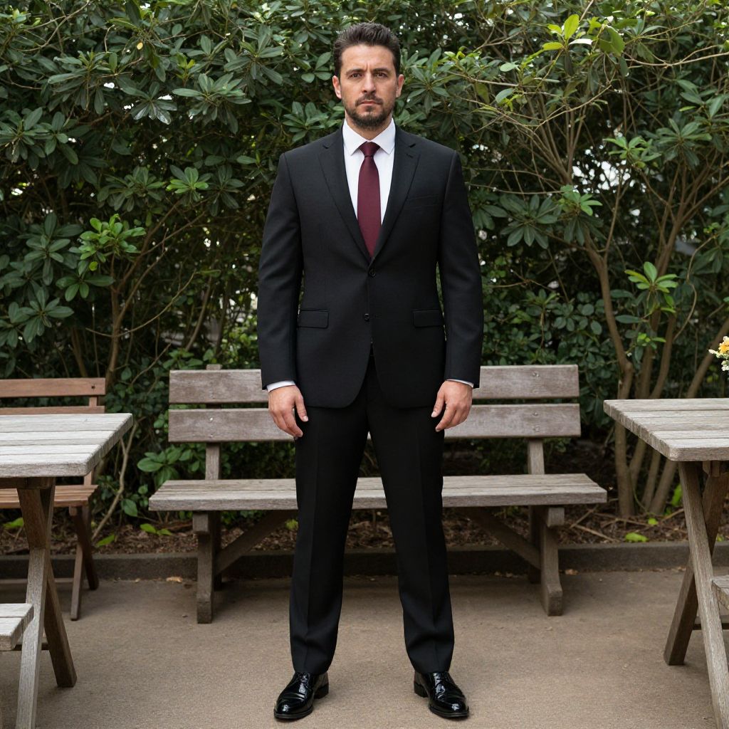Confident Man in Black Suit Standing Outdoors with Green Foliage