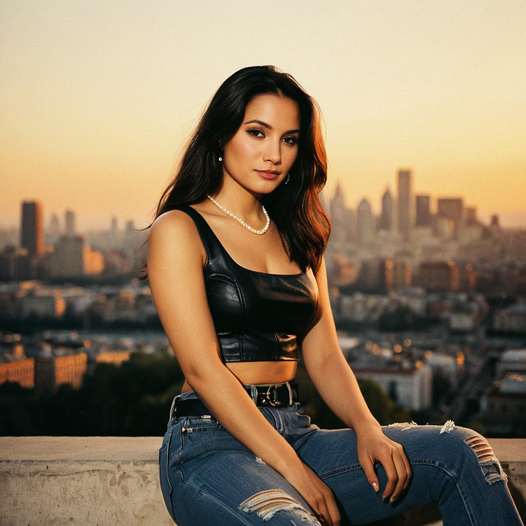 Confident Woman on City Ledge at Golden Hour