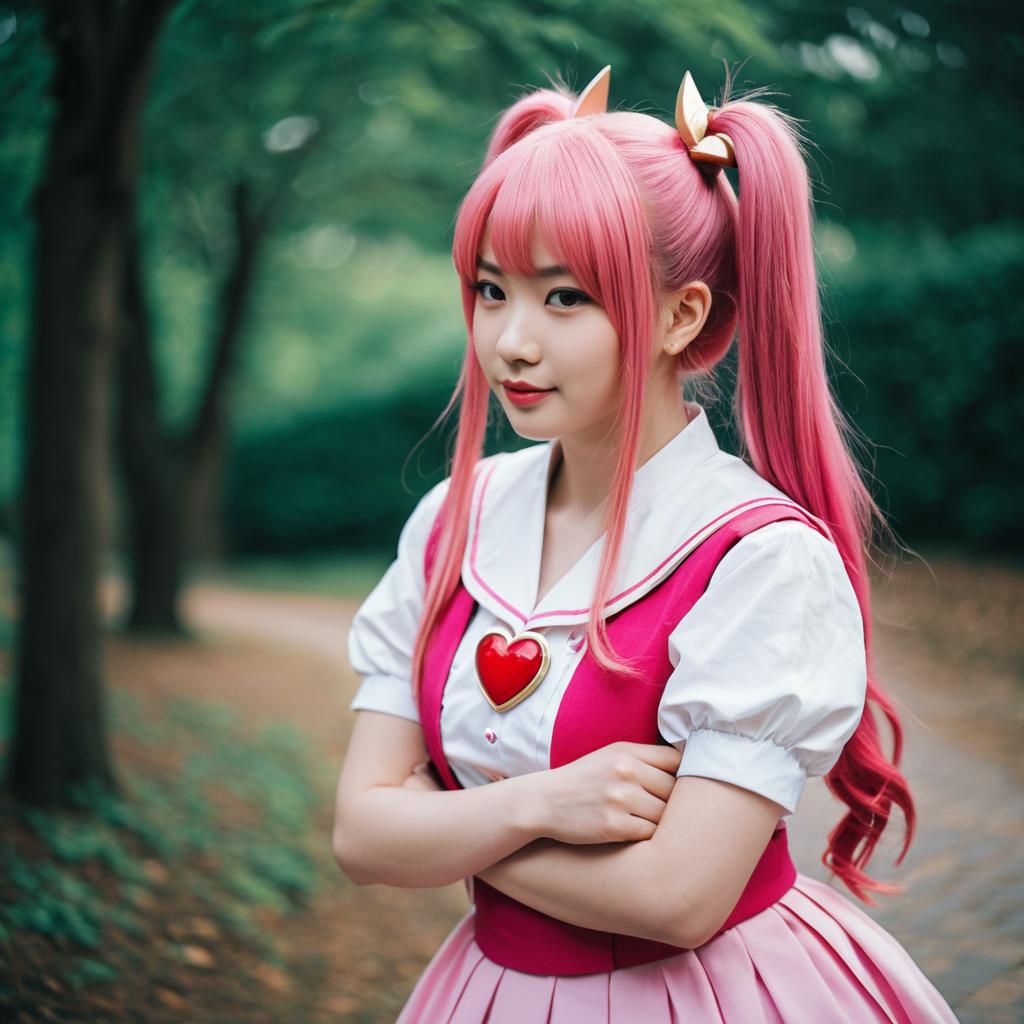 Cosplay Portrait of Woman with Pink Twin-Tail Hair Outdoors