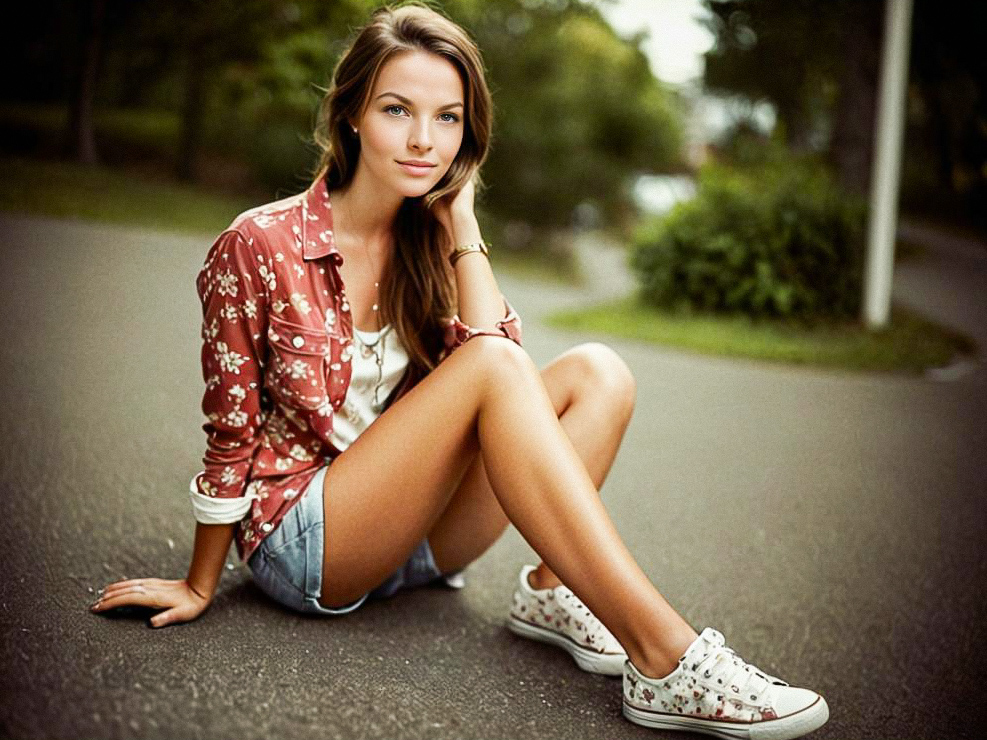 Stylish young woman in floral shirt and denim shorts Stylish young woman in floral shirt and denim shorts