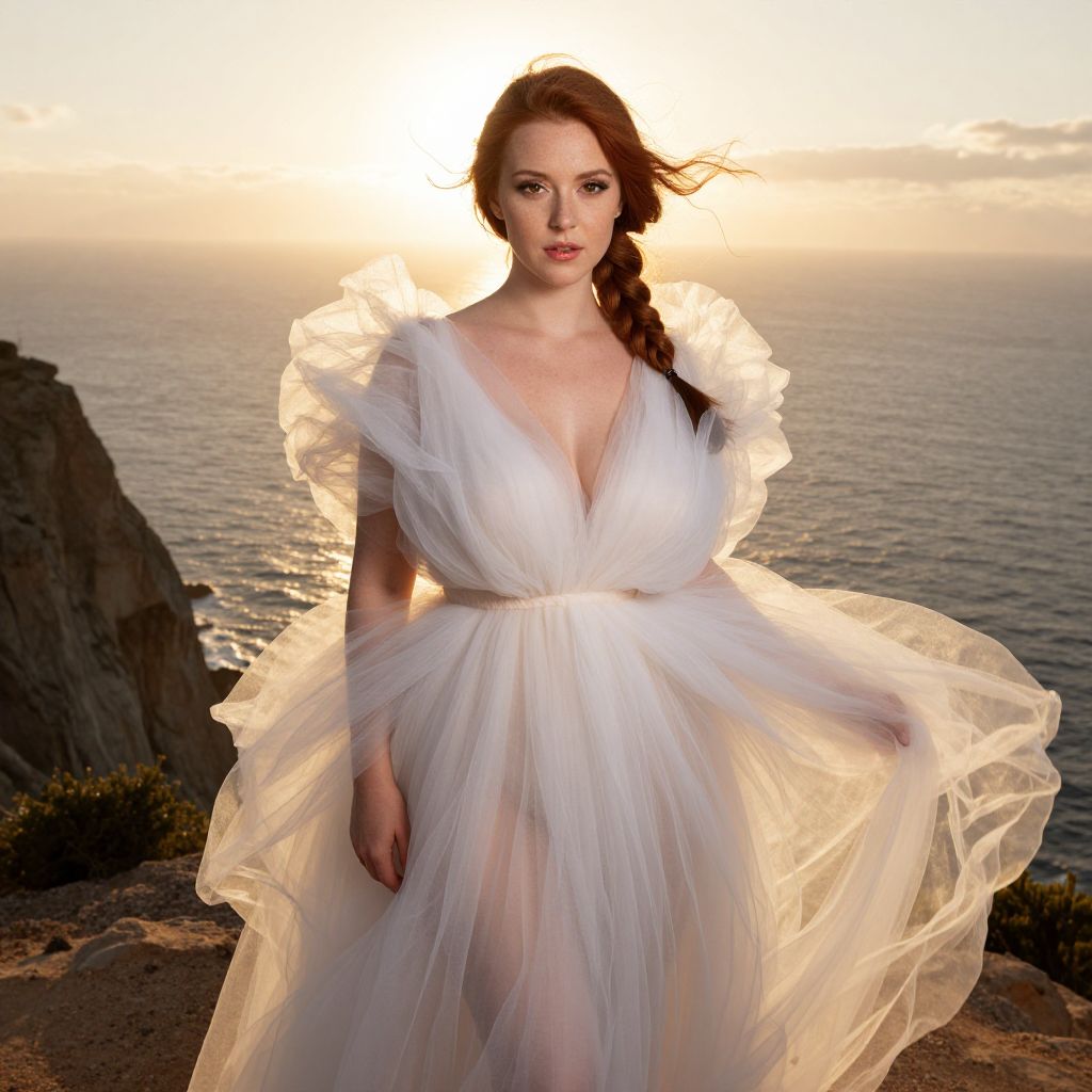 Red-Haired Woman in Flowing White Tulle Gown on Cliffside at Sunset
