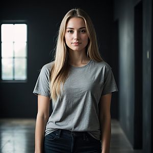 Confident Young Blonde Woman in Gray T-Shirt in Modern Dark Interior