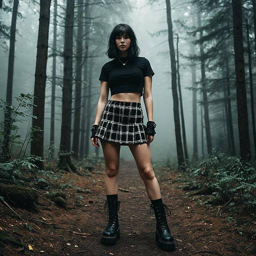 Young Woman in Black Crop Top and Plaid Skirt Standing on Misty Forest Path