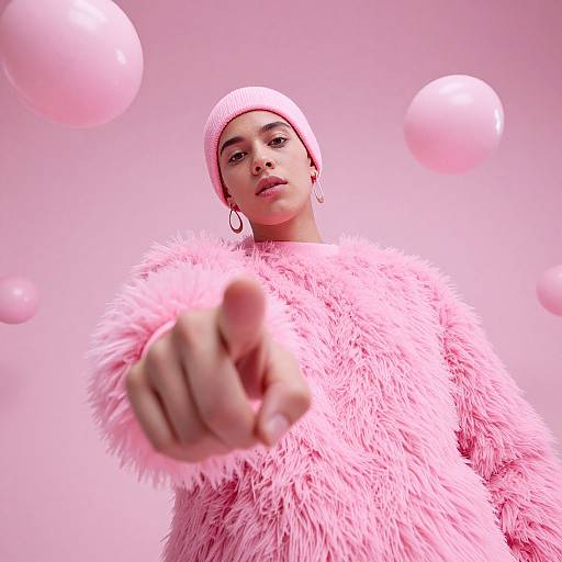 Young Man in Pink Furry Sweater and Beanie Pointing at Camera with Pink Balloons