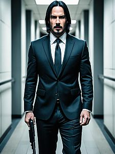 Man in Black Suit with Firearm in Modern Corridor