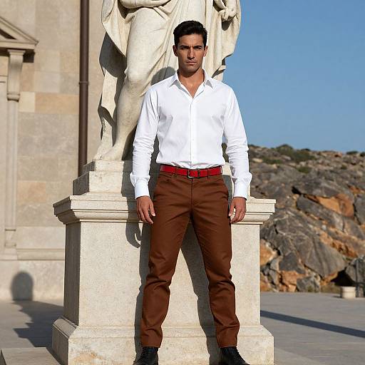 Man in White Shirt and Brown Pants Standing by Classical Statue Outdoors